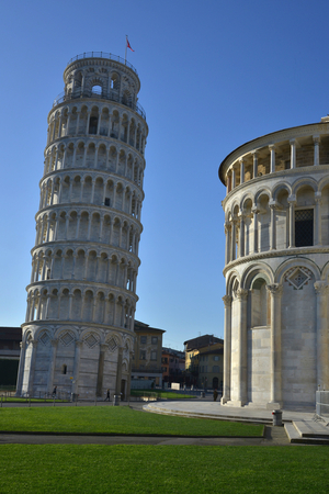 Italy Tuscany Pisa - The tower of Pisa and the Duomo - Cathedrale - The bell tower of the Duomo, height of 68m in Carrara marble 1173 - Leaning following a subsidence of the ground