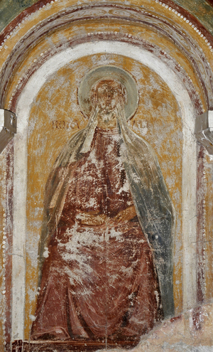 Romanesque art: Fresco of the abbey of Saint Savin on Gartempe. Radiant chapel. A saint. Saint Savin sur Gartempe (Saint-Savin-sur-Gartempe), Vienne, Poitou-Charentes (Poitou Charentes), France. Photography