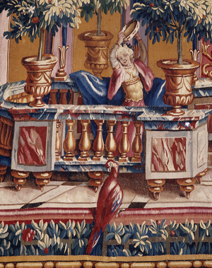 L'Offrande a Pan, detail of parrot and baluster. Cartons of the curtain created by Jean-Baptiste Monnoyer (Jean-Baptiste Monnoyer, 1636-1699), inspired by Jean Berain pere (1640-1711). Tapestry in low-lice made by the Atelier de Beauvais. Wool and silk. Dim: 260x268cm. Musee des tapestries, Aix en Provence