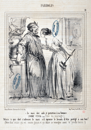Artwork by Honore Daumier (1808-1879) Charivari: Serie FARIBOLES Le mari doit aide et protection a sa femme (Civil Code - Title du mariage) “” -But who must address the husband if he feels the need to be protected in turn? (Note by an artist who is still a boy and who wants to inquire before taking wife)”” MUSEE DES BEAUX ARTS - PALAIS LONGCHAMP, MARSEILLE