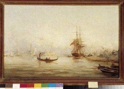 Galleons and gondolas in the basin (Venice?), 19th century (oil on canvas)