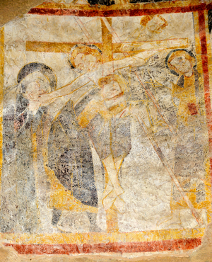 The deposition of Croix - Fresco of the chapel of Saint Martin, late 12th century, of the medieval city of Limeuil (Dordogne, Perigord)