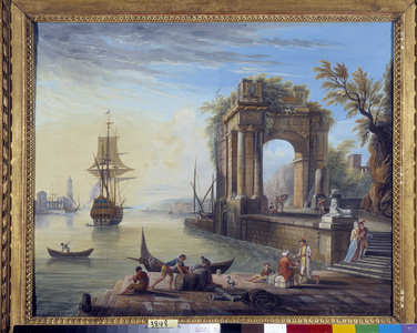 Scene of Mediterranean port. Painting by Jean Baptiste Lallemand (1710-1803), 18th century. Mandatory mention: Collection fondation regards de Provence, Marseille (cm 52x63)