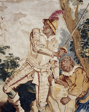 Don Quixote at the Montesinos Cave, detail by Don Quixote. According to the novel “El Ingenioso Hidalgo Don Quijote de la Mancha” written by Miguel de Cervantes. Tapestry by Charles Joseph Natoire (Charles-Joseph Natoire, 1700-1777) made by the Atelier de Beauvais in Basse-lice. Wool and silk. Dim: 361x229cm. Musee des tapestries, Aix en Provence.