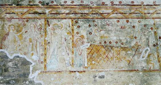 The Annunciation and “” La nativite”” Fresco of the 14th century Church Saint Peter (Saint-Pierre) Landes (17380), Charente-Maritime