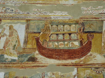Romanesque art: Fresco of the abbey of Saint Savin sur Gartempe (Saint-Savin-sur-Gartempe), Vienne, Poitou-Charentes (Poitou Charentes), France. Painting of the nave, Noe, the ark Photography