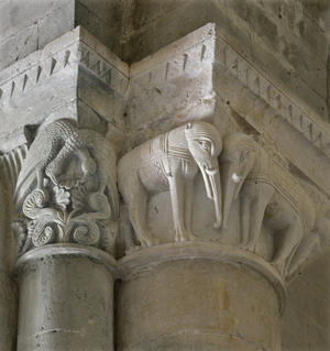 Detail of capiteau representing elephants, church Saint Pierre (Saint-Pierre) in Aulnay (17470), Charente-Maritime