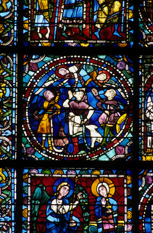 Gothic architecture. Life of Our Lord (detail): The Announcement made to the shepherds. 1140. Stained glass of the Royal Portal. Cathedrale de Chartres.