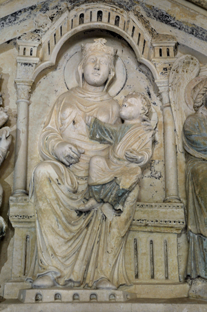 Romanesque art: The eardrum of the church of Notre Dame de Germigny l'Exempt. Gothic tympan of the XIII. Presentation of the Virgin Germigny-l'Exempt (Germigny l'Exempt), Cher, Centre, France. Photography
