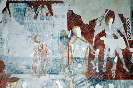Romanesque Art: Episode of the Life of Christ: “” Representation of Purgatory, St. Peter and St. Michael”” Fresco of the 12th century. Church of Saint Quitterie, Massels (47140)