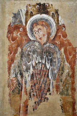 Romanesque art: A seraphin. Detail view of the frescoes of the choir “La vie du Christ”” (13th century) from the church of Saint Martin (Saint Martin, 11th and 12th century) in Nohant Vic (Nohant-Vic), Indre (36400), Centre, France. Photography 2010