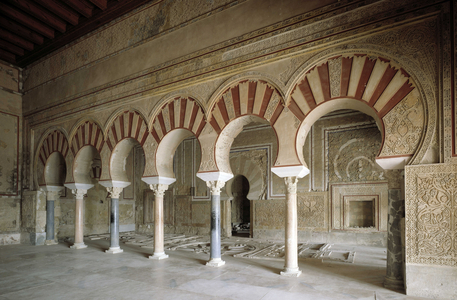Islamic architecture, Moorish art. View of the arches and porticoes of the Rico Salon in the Palace of Medina Azahara (Madinat al-Zahra, al Zahra) near Cordoba, 953-957. Spain