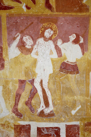 Romanesque art: The Chapel of St. Catherine, Voute in the cradle breeze, the Childhood of Christ, the Passion, the Last Judgment and Christ in the Majestic. Frescoes of the church of Notre Dame d'Antigny. Vienne, Poitou-Charentes (Poitou Charente), France. Scene depicting the flogging of Jesus Christ. Photography
