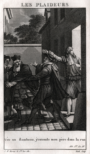 Illustration for scene 4 of Act I of the comedy “” Les litideurs””” by Jean Racine. Engraving Private Collection