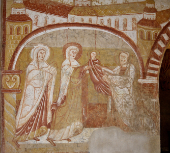 Romanesque art: presentation in the temple. Lower left detail view of the frescoes “The Life of Christ””. Painting of the 13th century. from the church of Saint Martin (Saint Martin, 11th and 12th century) to Nohant Vic (Nohant-Vic), Indre (36400), Centre, France. Photography 2010