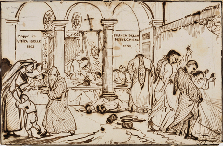 Cartoon: “” Gaite of a company of penitents after the visit of Della Sette Chiese which is usually made during the months of May in Rome”” Drawing by Francois Marius Granet (1775-1849). Watercolour on paper. Dim: 22,5x34cm. Musee Granet, Aix En Provence.