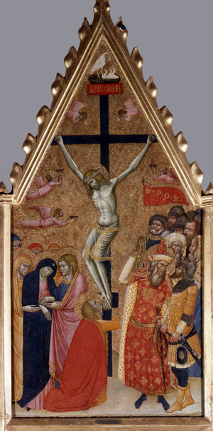 Virgin and Child, detail: the Crucifixion (top panel). At the top of the cross a nest with storks and the inscription INRI (I.N.R.I.). Roman soldiers carry the banner S.P.Q.R (SPQR) (Senatus Populusque Romanus) emblem of Rome. Saint Mary Magdalene wears at the feet of Christ while Saint John holds the Virgin Mary who fainted. Angels collect blood from Christ's veins while others hide their faces in their hands to cry. Painting by Giovanni Del Biondo (ca. 1356-1398), 1345. Polyptych. Italian altarpiece. Dim: 99x53cm. Oil on wood. Cathedrale Sainte Cecile, Albi.