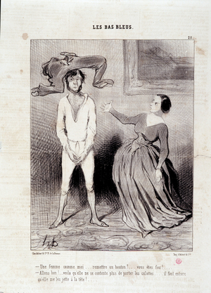 Extract from the newspaper “” Le Charivari””” Series “” Les Bas Bleus”” A woman like me... hand over a button? ... you're crazy! ... May 23, 1844”: a scandalized woman throws her husband's panties to her head, refusing to lower herself to sew a button. Dim 38x26 cm Drawing by Honore Daumier (1808-1879) Musee des Beaux Arts, Palais Longchamp, Marseille