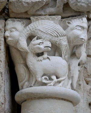Avy, Church of Notre Dame. exterior capital on the portal