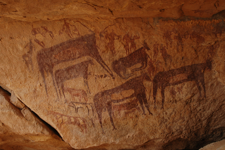 Rock art, Prehistory: Rock painting of a group of cattle including a knees and a group of characters including archers in an ornate shelter, in the Uweinat massif, Sudan (Karkur-Talh or Karkur Talh). Period from 8000 to 3000 years BC. Photography