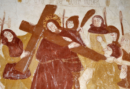 Romanesque art: The Chapel of St. Catherine, Voute in the cradle breeze, the Childhood of Christ, the Passion, the Last Judgment and Christ in the Majestic. Frescoes of the church of Notre Dame d'Antigny. Vienne, Poitou-Charentes (Poitou Charente), France. Scene depicting the Carriage of the Cross (Way of the Cross). Photography