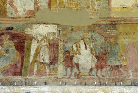 Romanesque art: Fresco of the abbey of Saint Savin sur Gartempe (Saint-Savin-sur-Gartempe), Vienne, Poitou-Charentes (Poitou Charentes), France. Painting of the nave, Joseph. Read from right to left. Pharaoh's dreams interpret, (Joseph in pink, right) Photography