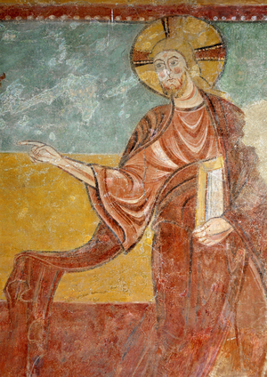 Christ, Scene of Temptation. View of the frescoes of the choir of the church Saint Aignan (11th and 12th century) in Brinay, Cher (18120), Centre, France