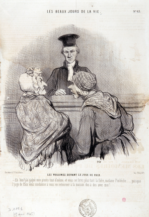 Cartoon on Neighbourhood Relations: Serie “” The Beautiful Days of Life””: “” Neighbours before the Justice of Peace...”” Engraving by Honore DAUMIER (1808-1879). Extract from the newspaper “” Le Charivari”” on May 15, 1845. Dim 37x25cm Inv 1151 - box 8 N¡63. Marseille, Musee des Beaux-Arts, Palais Longchamps, Collection Arts Graphic.