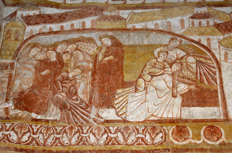 Romanesque art: The death of Saint Martin on the left, the monks of Poitiers slept while the monks of Tours pass his body through the window. Detail view of the frescoes of the choir “La vie du Christ”” (13th century) from the church of Saint Martin (Saint Martin, 11th and 12th century) in Nohant Vic (Nohant-Vic), Indre (36400), Centre, France. Photography 2010