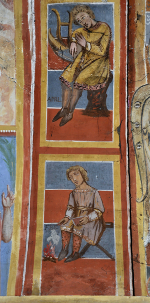 Romanesque art: fresco of the choir of the church of Notre Dame de Charly. Charly, Cher, Centre, France. Calendar painted on the double arches on both sides of the choir. February at the bottom and April at the top Photography