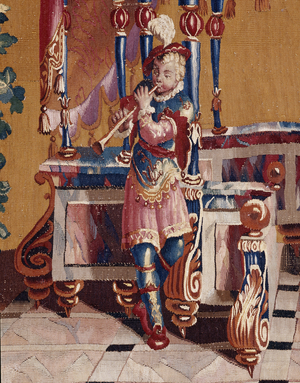 L'Offrande a Bacchus, detail of the musician. Cartons of the curtain created by Jean-Baptiste Monnoyer (Jean-Baptiste Monnoyer, 1636-1699), inspired by Jean Berain pere (1640-1711). Tapestry in low-lice made by the Atelier de Beauvais. Wool and silk. Dim: 260x268cm. Musee des tapestries, Aix en Provence