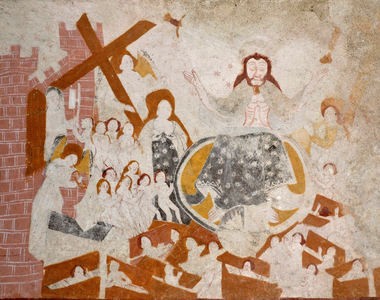 Romanesque art: Frescoes of the funeral chapel Sainte Catherine de Jouhet, Vienne, Poitou-Charentes (Poitou Charentes), France. The Last Judgment. Photography