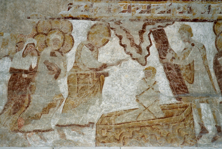 Romanesque art: View of the frescoes of the church of Saint Eloi in Chalivoy-Milon (Chalivoy Milon), Cher, Centre, France. The resurrection of Lazarus. Photography