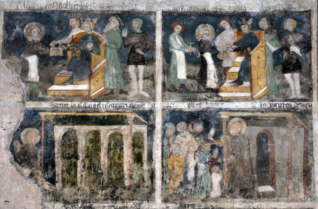 Wall paintings of the Life of Saint Eloi “” Blacksmith and Orfevre”” by the Cathedrale Notre Dame de Rodez. legende in the language of OC