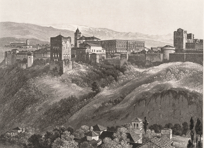 View of Spain: Granada. Engraving by SALATHE, 19th century after the Daguerrian photographic excursions. In “” Most Remarkable Views and Monuments of the Universe””. Private collection