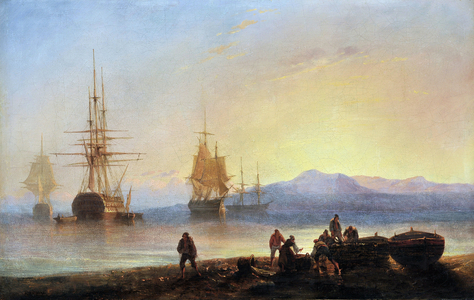 Sisters and ships in the Mediterranean. Painting by Francois Pierre BARRY (1813-1905). Oil on canvas. Dim: 29,5x46cm. Mandatory mention: Collection fondation regards de Provence, Marseille