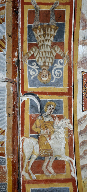 Romanesque art: fresco of the choir of the church of Notre Dame de Charly. Charly, Cher, Centre, France. Calendar painted on the double arches on both sides of the choir. May at the bottom and June at the top Photography