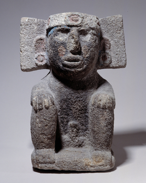 Pre-Columbian civilization: Aztec statue of the god Xiuhtecuhtli made of volcanic stone. Dim. 33 cm. Museum of the Valley, Barcelonnette (Alpes de Haute Provence)