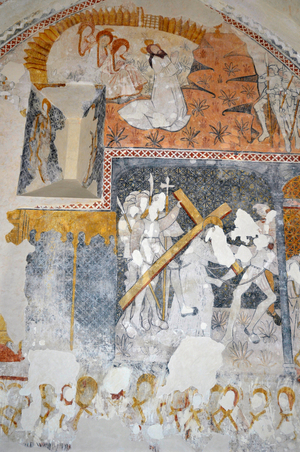 Romanesque Art: Episode of the Life of Christ: “” The prayer of Christ at the Mount of Olives”” “” The carrying of the cross”” Fresco of the 12th century. Church of Saint Quitterie, Massels (47140)