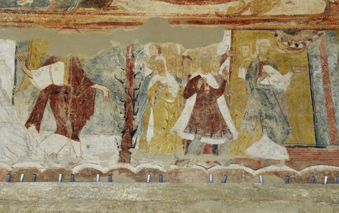 Romanesque art: Fresco of the abbey of Saint Savin sur Gartempe (Saint-Savin-sur-Gartempe), Vienne, Poitou-Charentes (Poitou Charentes), France. Painting of the nave, The exodus. the Hebrew people are blessed by the hand of God after crossing Photography
