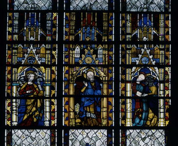 Gothic architecture. Chapel of the Virgin, stained glass of the Virgin of the Annunciation. 14th century (after 1339). Church Saint Ouen a Rouen.