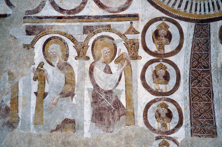Romanesque art: View of the frescoes of the church of Saint Eloi in Chalivoy-Milon (Chalivoy Milon), Cher, Centre, France. Two Apotres. Photography