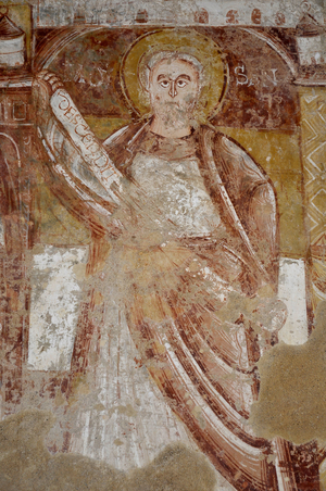 Romanesque art: A prophete. Detail view of the frescoes of the choir “La vie du Christ”” (13th century) from the church of Saint Martin (Saint Martin, 11th and 12th century) in Nohant Vic (Nohant-Vic), Indre (36400), Centre, France. Photography 2010