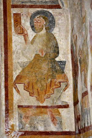 Portrait of Saint Augustine or an apostle? Romanesque art. Fresco of the Church of Saint Hugues (XII century) by Avord, Cher (18520), Centre, France.