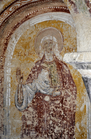 Romanesque art: Fresco of the abbey of Saint Savin on Gartempe. Radiant chapel. A saint. Saint Savin sur Gartempe (Saint-Savin-sur-Gartempe), Vienne, Poitou-Charentes (Poitou Charentes), France. Photography