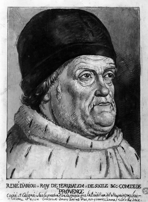 Portrait of Rene I of Naples (or Rene of Anjou or Rene of Sicily (1409-1480), King of Jerusalem and Count of Provence and Forcalquier. Illustration of Larry. Musee d'Arbaud, Aix en Provence.