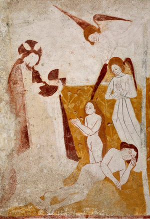 Romanesque art: Frescoes of the funeral chapel Sainte Catherine de Jouhet, Vienne, Poitou-Charentes (Poitou Charentes), France. Eve's creation. Photography