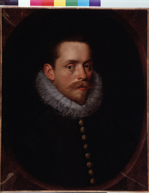 Portrait of man age 31. Originally covered with another Portrait of Man in the 17th century. Anonymous Dutch painting, 1596. Oil on canvas. Dim: 61x49cm. Musee de l'hospice Saint-Roch, Issoudun. Mandatory mention: