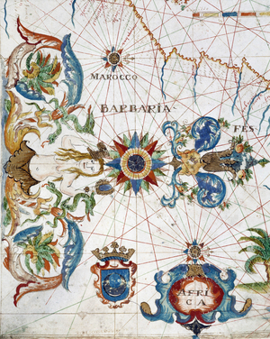Geographic atlas: detail of the portulan of Francois Ollive representing Barbarie (Algeria, Tunisia, Tripolitan) and Morocco. 1661 Municipal Library of Marseille.