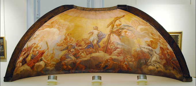 Modello (model) of the dome in mosaic for the atrium of the baptistere of St. Peter of Rome (approximately 1687) representing an Allegory of Baptema. Painting by Giovan Battista Gaulli dit il Baciccio (1639-1709), circa 1687. Rococo. Oil on wood. Dim: 56,8x135x107cm. Institute of Legal Studies, Aix en Provence.